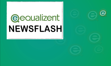 grüner Hintergrund mit equalizent.Logos, weißes Fenster mit dem Text "equalizent Newsflash"