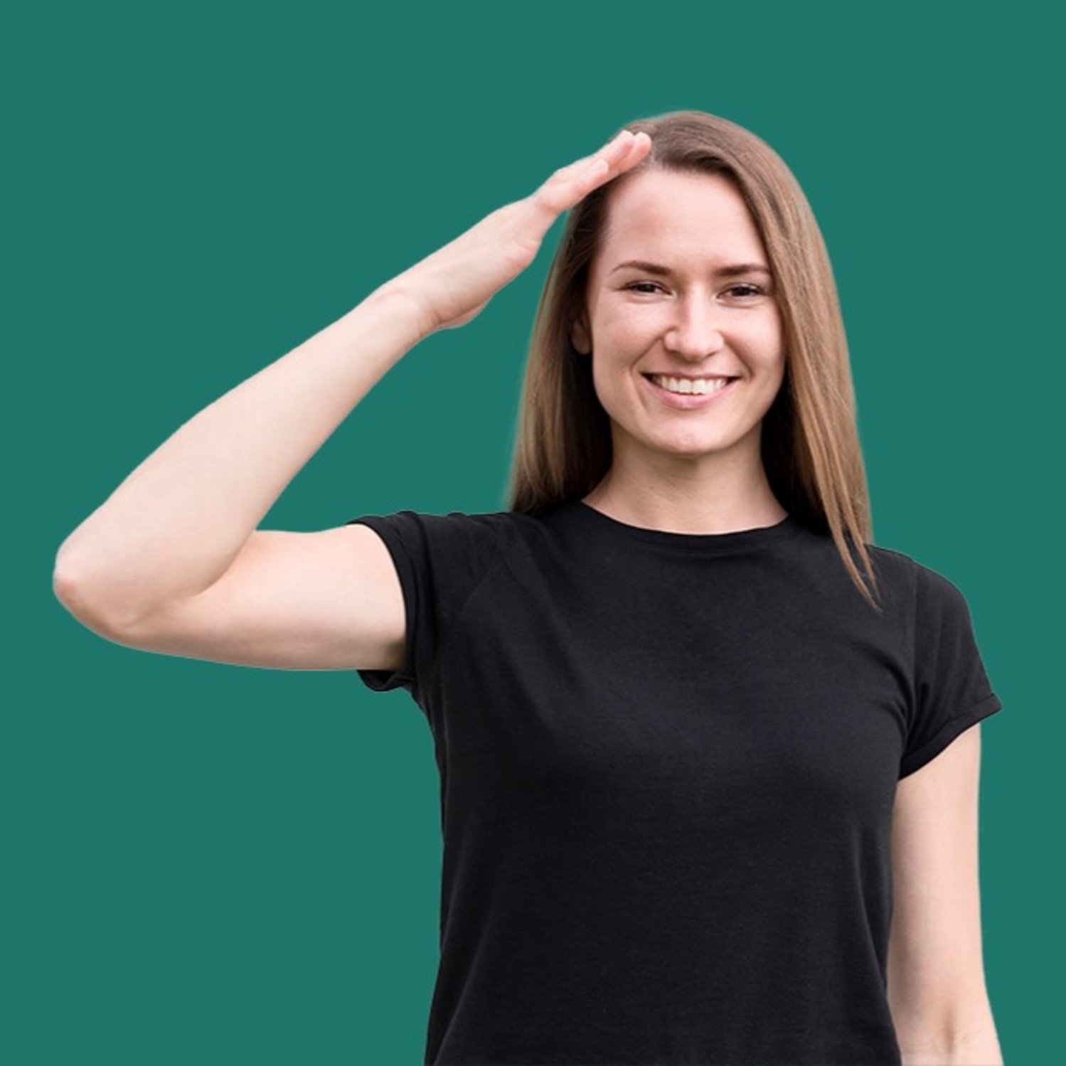 Frau gebärdet "Wissen"