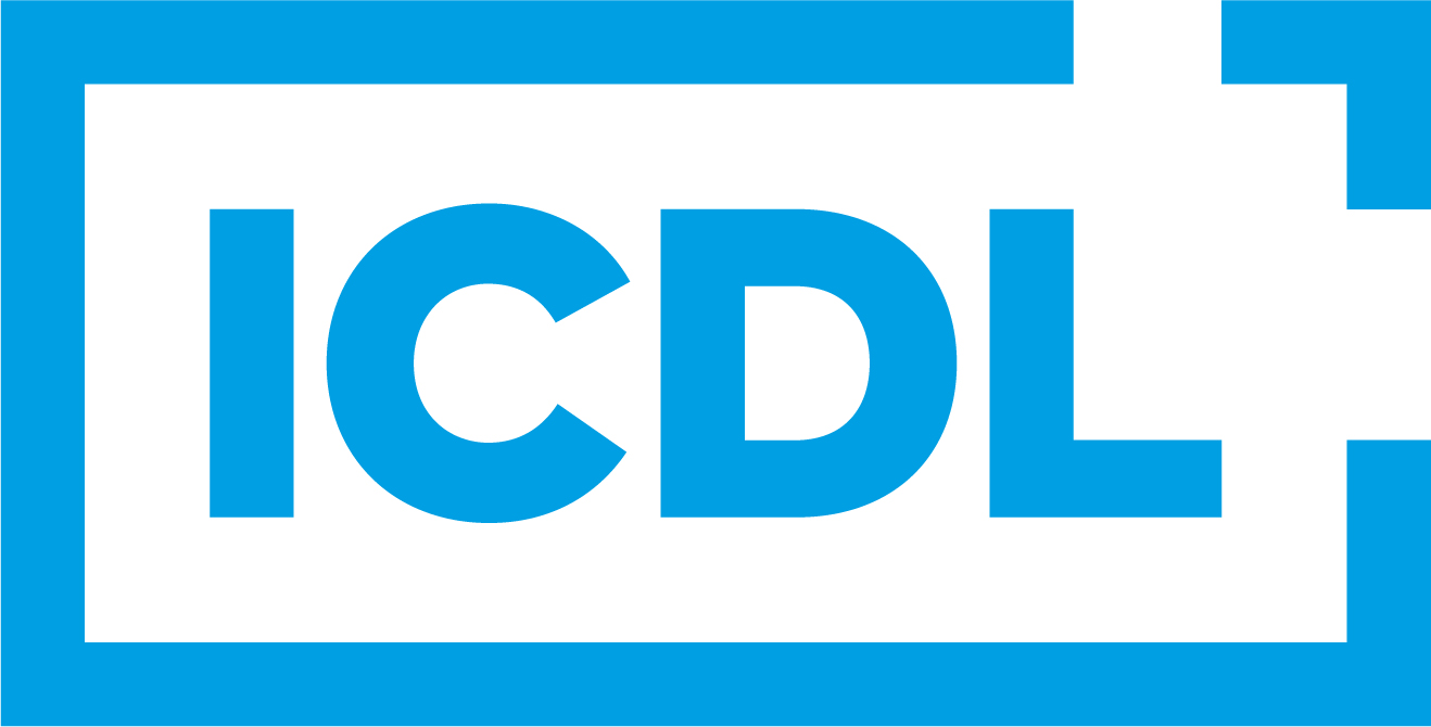 LOgo des ICDL: hellblaue Schrift auf weißem Untergrund. Buchstaben ICDL