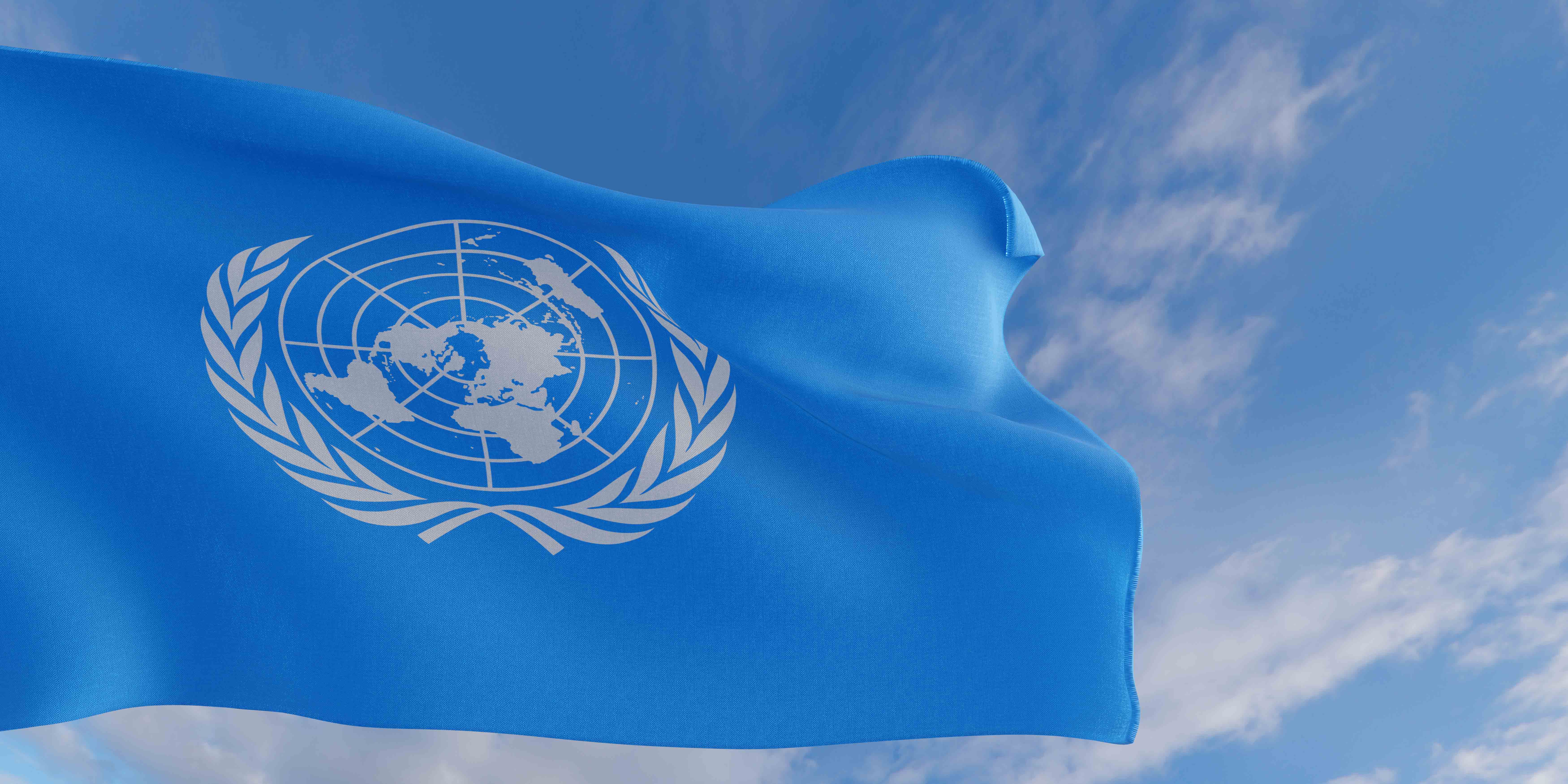 Frage der Vereinten Nationen weht vor blauem Himmel
